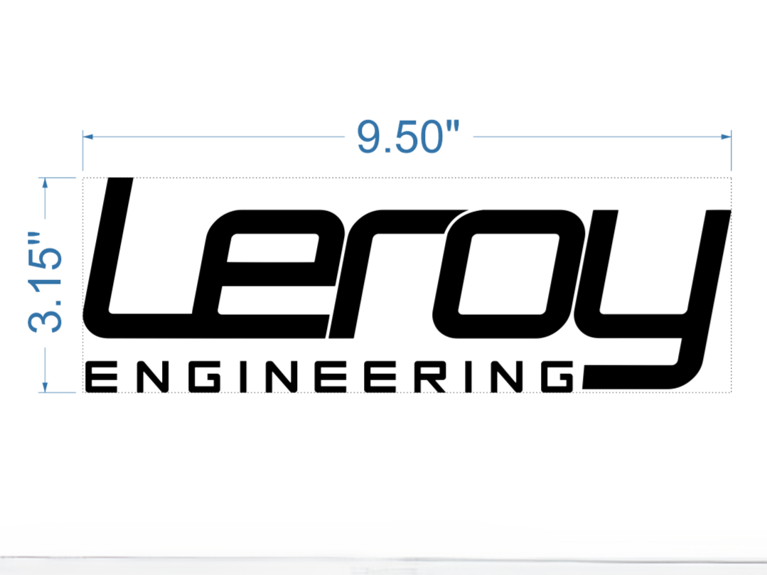 Leroy Engineering logo with dimensions on a white background
