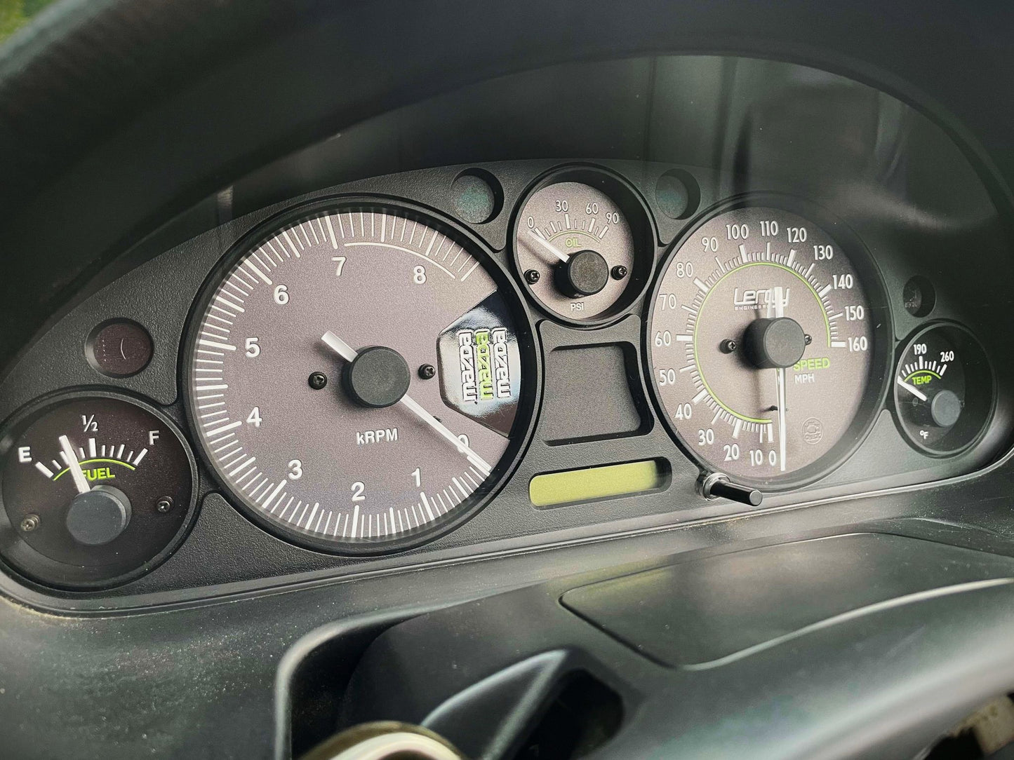 RevLimiter NB Miata Gauge Set "Leroy Engineering Green Oiler"