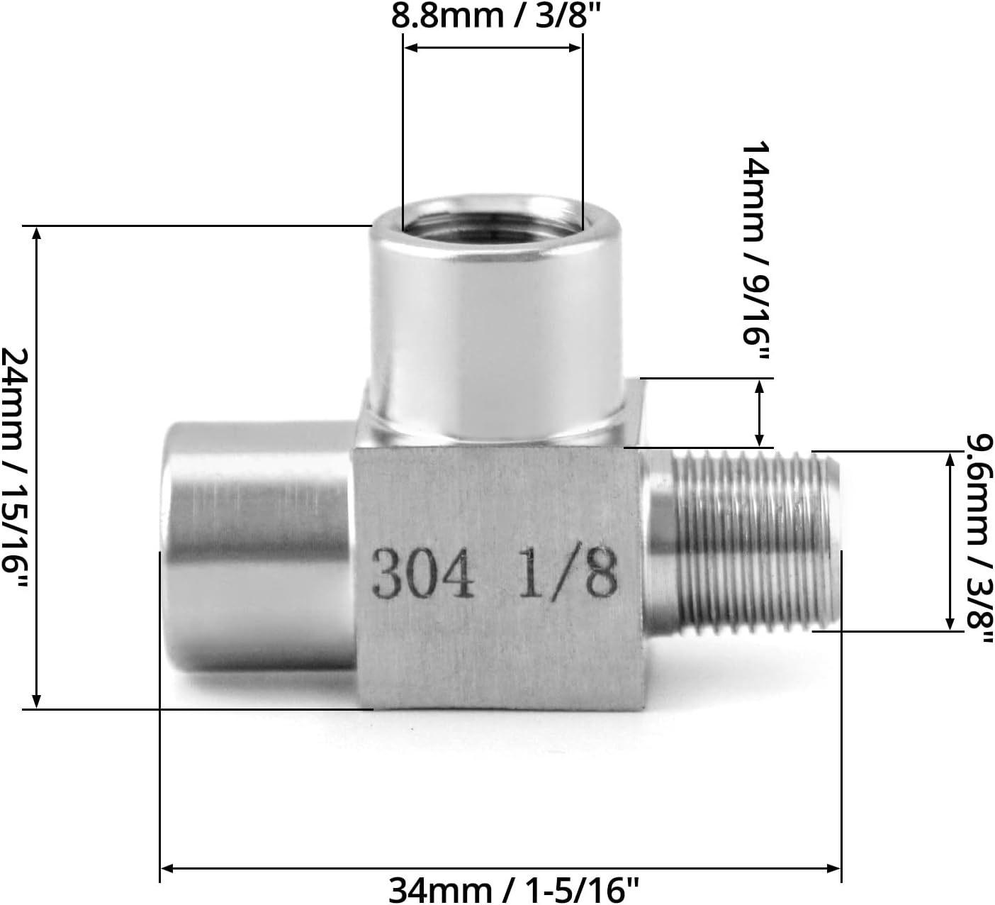 Stainless Steel Pipe Fitting, 1/8" NPT Male x 1/8" NPT Female x 1/8" NPT Female