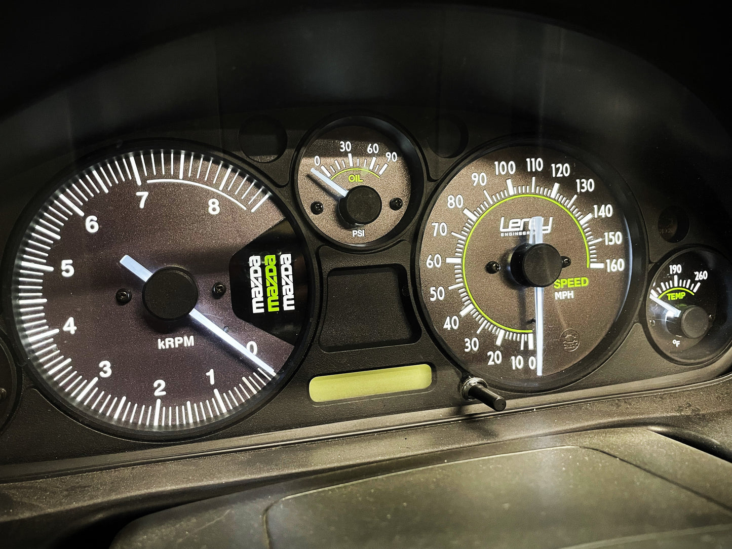 RevLimiter NB Miata Gauge Set "Leroy Engineering Green Oiler"