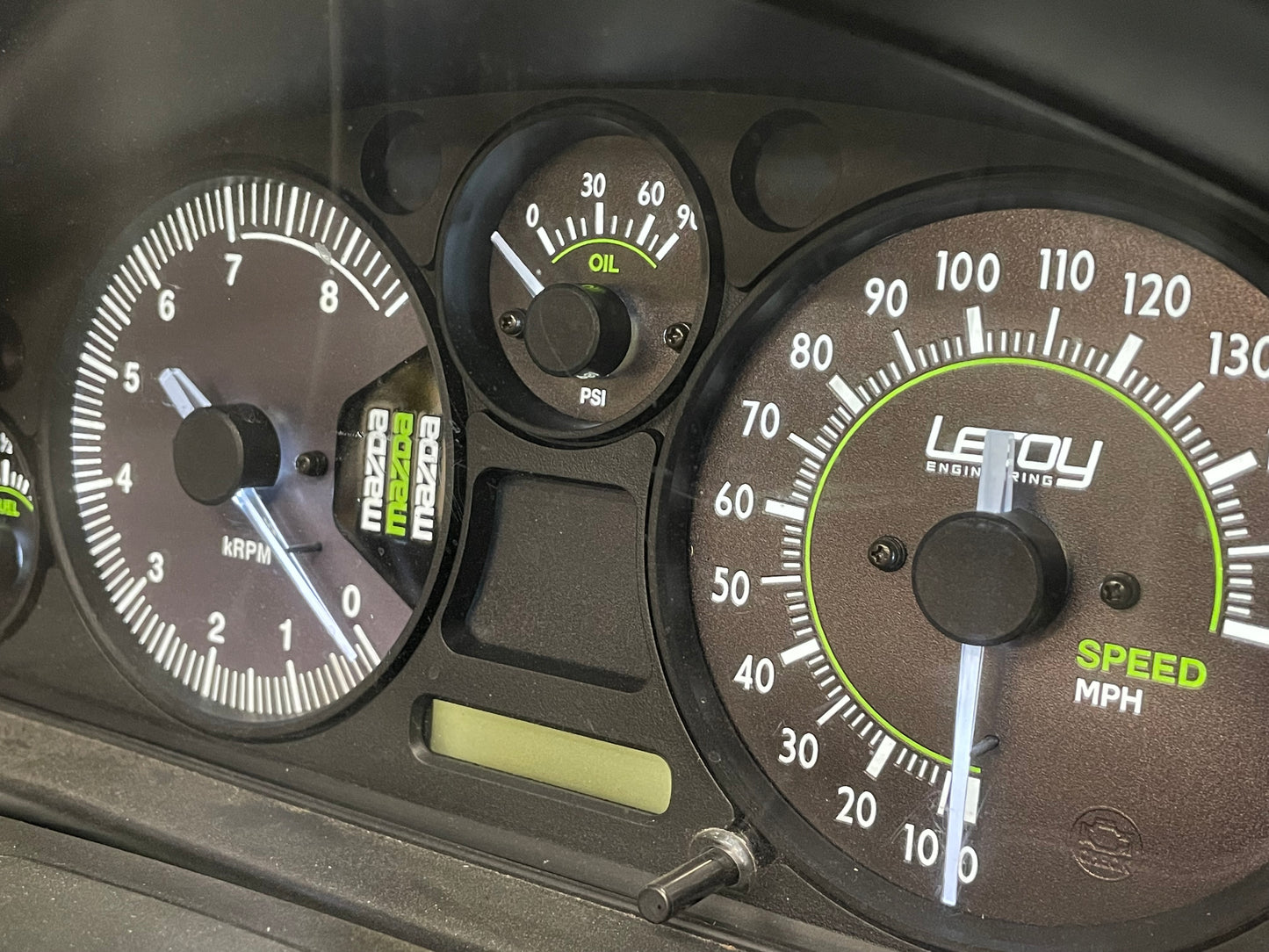 RevLimiter NB Miata Gauge Set "Leroy Engineering Green Oiler"